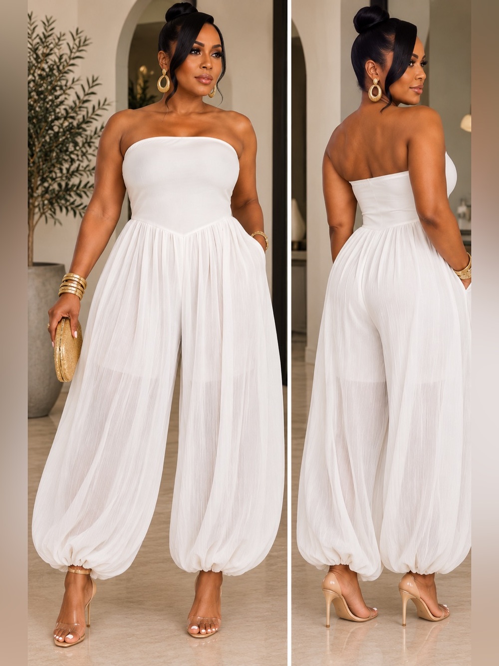 Strapless White bubble hem Jumpsuit